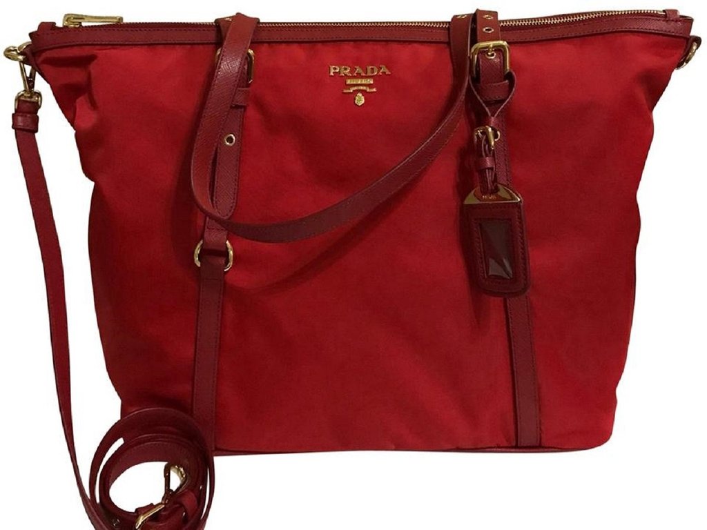 HANDBAGS :: HANDBAGS :: Prada Red Tessuto Nylon Saffiano Leather Trim  Shopping Tote Bag 1BG253