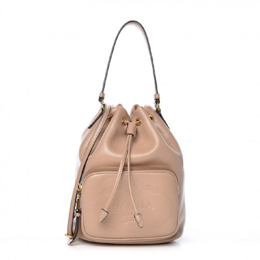 Prada Women's Sechiello Beige Cammeo Glace Calf Leather Bucket Bag 1BH038