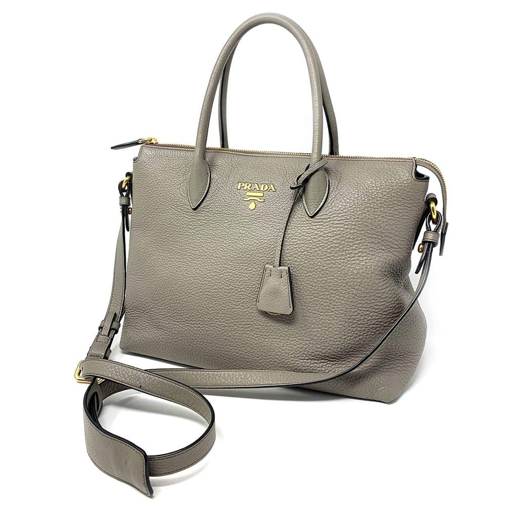 Prada Grey Leather Tote Bag With Gold Hardware