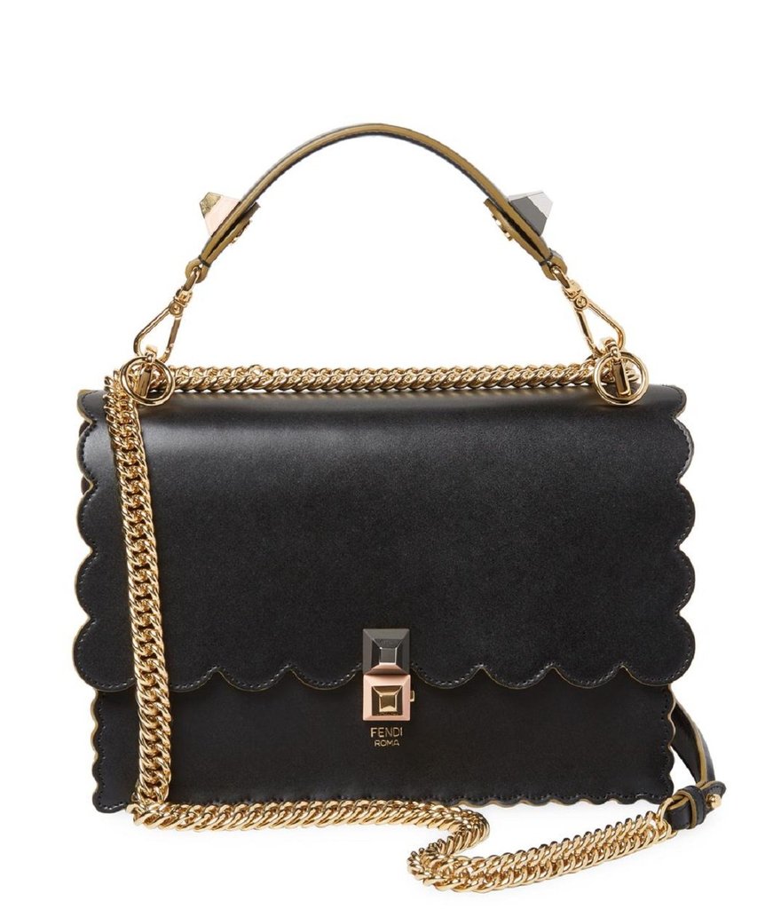 Fendi Kan I Black Calf Leather Gold Chain Studded Shoulder Bag 8BT283