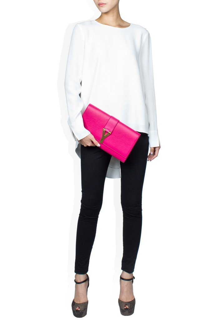 Saint Laurent YSL Pink Leather Ligney Y Logo Clutch Medium Handbag